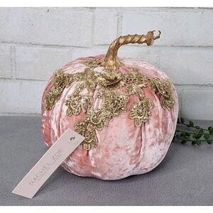 Rachel Zoe Pink Velvet Pumpkin Figure Gold Flowers Fall Halloween Glitter‎ 8.5"